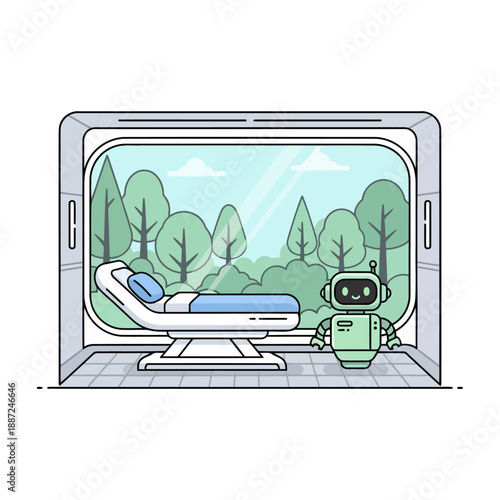 Cute green robot assistant standing by a futuristic medical bed.
