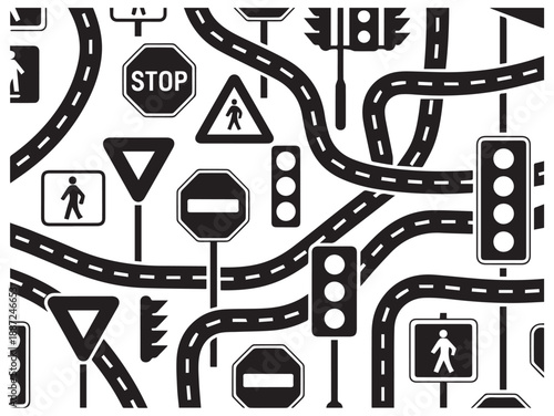 Road signs and traffic lights are depicted in this illustration, presenting a complex network of roadways.