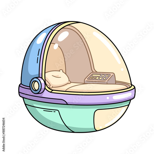 Futuristic cartoon sleeping pod capsule for hibernation.