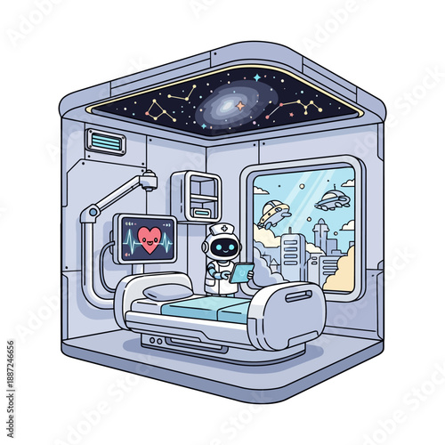 Futuristic medical bay with a robot nurse and advanced healthcare technology.