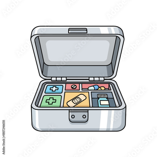 Open metal first aid kit with various medical supplies illustration.