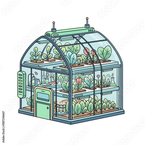 Futuristic multi-level greenhouse for advanced botanical research and cultivation.
