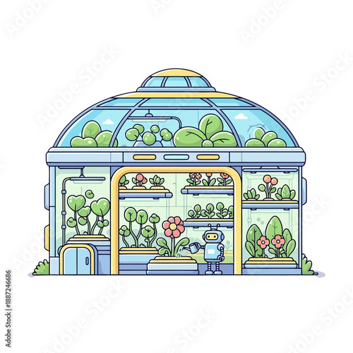 Futuristic domed greenhouse with a small robot tending to plants.