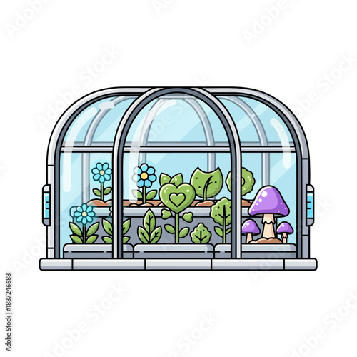Cute cartoon greenhouse with magical plants and mushrooms inside.