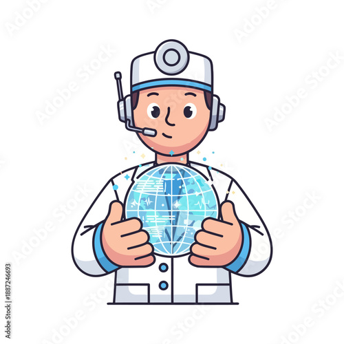 Cartoon doctor with headset holding a glowing digital Earth globe.