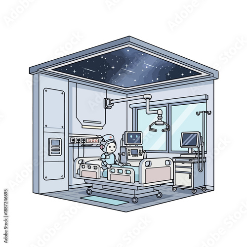 Cute cartoon patient resting in a futuristic science fiction hospital bed.