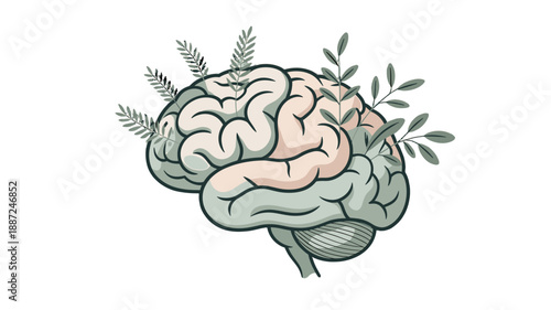 Brain illustration with nature elements symbolizing a healthy mind.