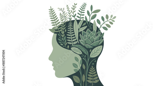 Illustration of a human head filled with plants, symbolizing growth, nature, and the environment.