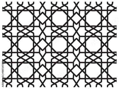 An intricate geometric pattern with intersecting lines and repeating shapes creating a visually stunning design. This abstract design showcases precision and symmetry.