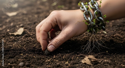 Hand planting seed in soil with green chain bracelet, symbolizing growth and harmony with nature outdoors