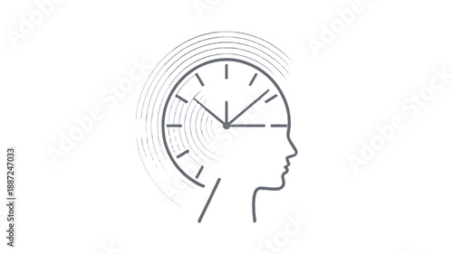 Conceptual illustration of time and thought represented by a clock and a human profile.