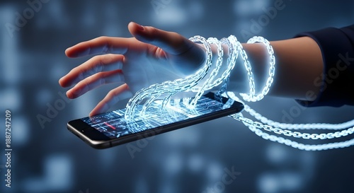 A hand interacting with a smartphone surrounded by glowing blue circuits and wires in a futuristic digital environment.