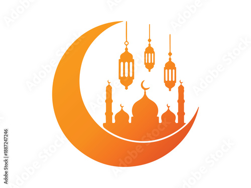 A beautiful orange crescent moon with mosque silhouette and lanterns. Perfect image for religious events.