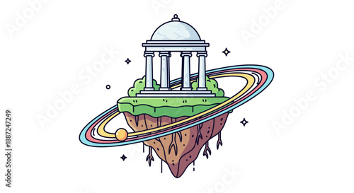 Ancient Greek Temple on a Floating Island with Planetary Rings Illustration.