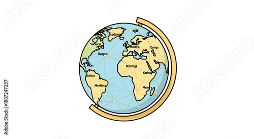 Colorful cartoon illustration of a world globe on a stand isolated on white.