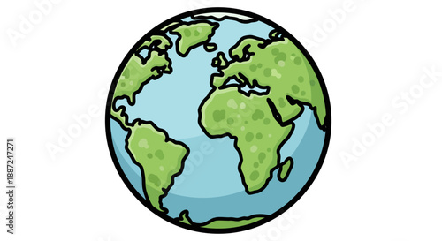 Cartoon style illustration of planet Earth isolated on a white background.