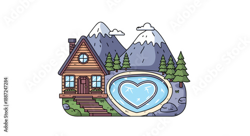 Romantic mountain retreat with a log cabin and heart-shaped hot spring.