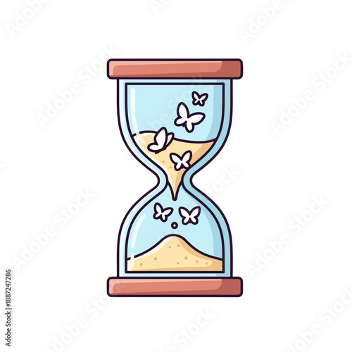 Conceptual illustration of an hourglass with butterflies and sand.