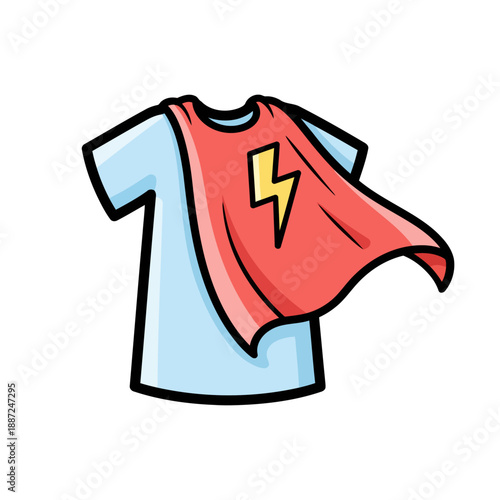 Superhero t-shirt with red cape and yellow lightning bolt symbol.