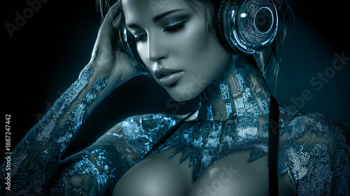 crazy female cyborg dj with glowing led headphones, futuristic cyber dj woman in neon nightclub, intergalactic techno cyborg performer portrait