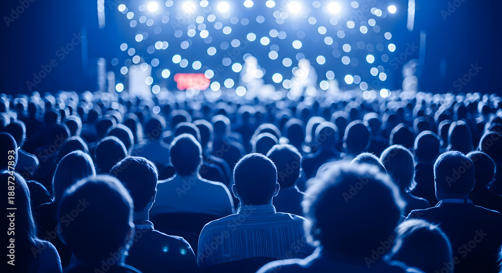 Obraz premium Crowd of people watching a concert or live performance on stage under bright blue stage lights