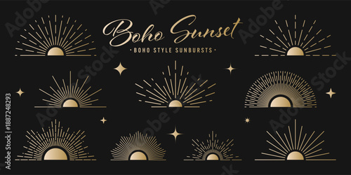 Vintage golden sunburst, sunset beams collection. Boho style, modern minimalist bohemian design. Hand drawn bursting sun, light rays. Logotype or lettering retro design element. Vector illustration