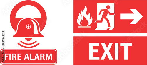 Red fire alarm and exit sign with running person and flames also transparent background white