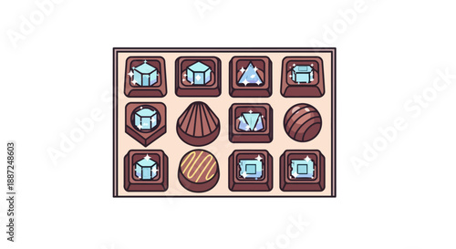 Assorted box of gourmet chocolates with diamond and shell shapes.