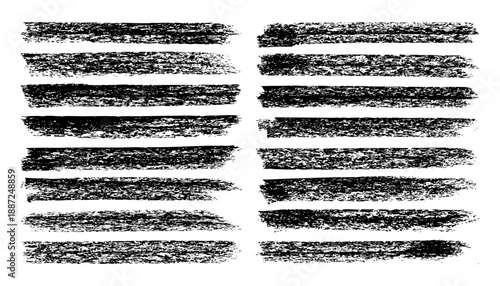 Long grunge brush strokes, lines, ink smudges, hand-drawn scribble shapes. Handmade sketchy marks, stains, charcoal streaks. Paint textures, dry brush effect. Marker underline. Vector illustration