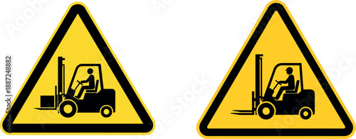 Two yellow triangular warning signs with black forklift and operator also transparent background triangle