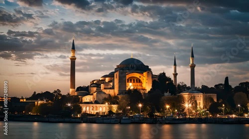 Hagia Sophia at Sunset Iconic Istanbul Landmark, The Hagia Sophia in Istanbul is covered in snow at dusk, Ramadan background animation concept, silhouette of hagia sophia mosque with night sky 