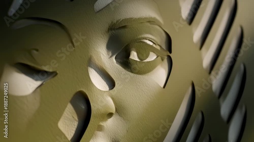 Abstract sculpted face with circular geometric motifs