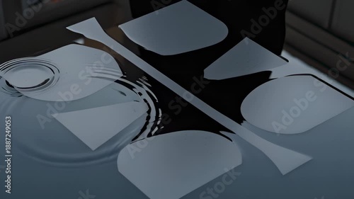 Abstract arrangement of white paper sheets on a dark glass surface with reflections