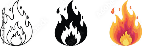 Evolution of fire icon design: outline, silhouette, and colorful flame illustration isolated on white background, Vector