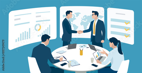 Agreement. Cooperation. A businessmen shaking hands in front of word map and business charts. Business vector illustration.
