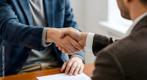 Professional business handshake between two men in formal attire across a wooden desk with natural light