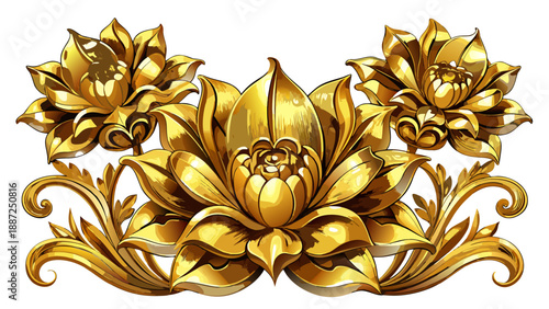 Very beautiful gold floral sculpture featuring two metallic flowers with intricate detailing, isolated on a white background, perfect for luxury decor, art displays, and elegant design concepts.