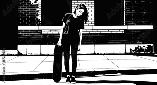 Monochrome illustration of a young woman with a skateboard on a city street, design for urban lifestyle apparel, skateboarding event posters and streetwear branding. Transparent background EPS version