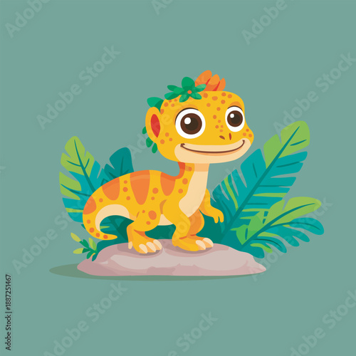Cute Monster in Tropical Plants Smiling Cheerfully