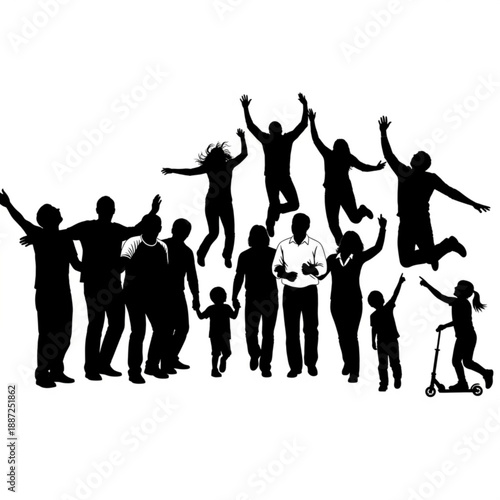 Black silhouettes of people jumping and playing