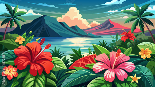 Very beautiful tropical hibiscus flowers overlooking a mountain landscape and ocean under a cloudy sky, blending exotic floral beauty with expansive natural scenery and calm atmosphere.