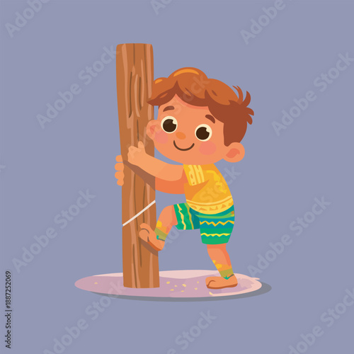 Boy climbing wooden pole, physical activity