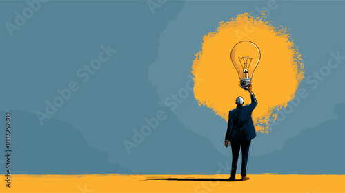 Businessman reaching for a glowing light bulb, symbolizing new ideas and innovation. Businessman holding light bulb representing creative idea