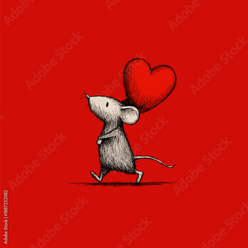 Cartoon gray rat running with a large red heart on a solid red background. Cute gray rat carrying red heart running