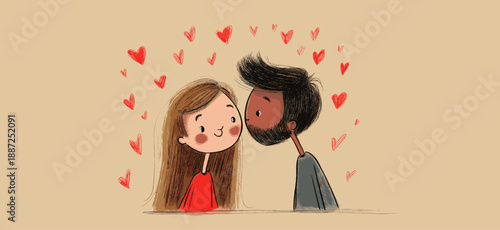 Smiling cartoon boy and girl with red hearts floating above them, depicting true love. Happy cartoon couple showing love and affection