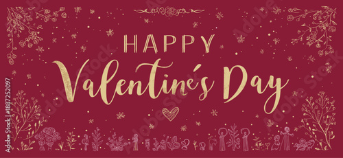 Gold happy Valentine's Day text on a red background with decorative floral elements. Happy Valentine's Day gold glitter greeting with floral ornament