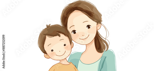 Watercolor illustration depicting a mother embracing her happy child with warmth and care. Mother and child smiling showing love and connection