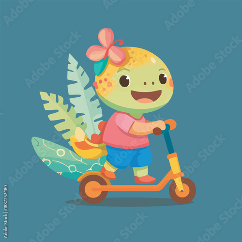  t-rex with tropical leaves dancing cartoon