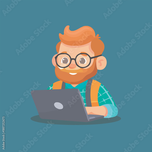  nerdy man with glasses typing laptop cartoon