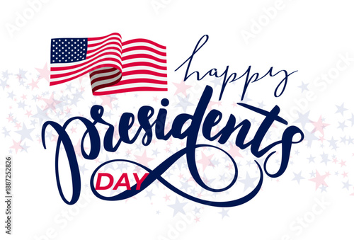 Happy Presidents Day hand drawn text background. Lettering typography for USA Presidents Day celebration. Patriotic vector illustration for cards, posters, banners, flyers and holiday designs.